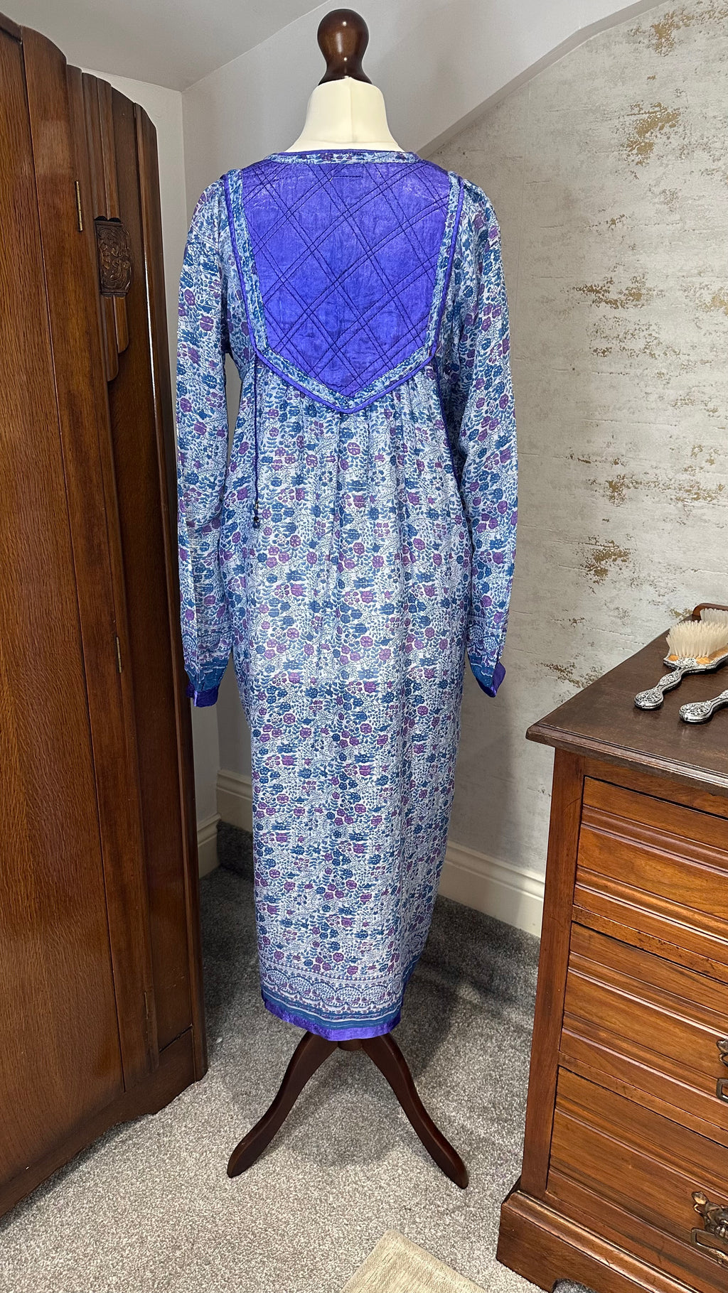 Vintage 1970s Blue Purple Indian Cotton Block Print Midi Dress with Lurex Thread