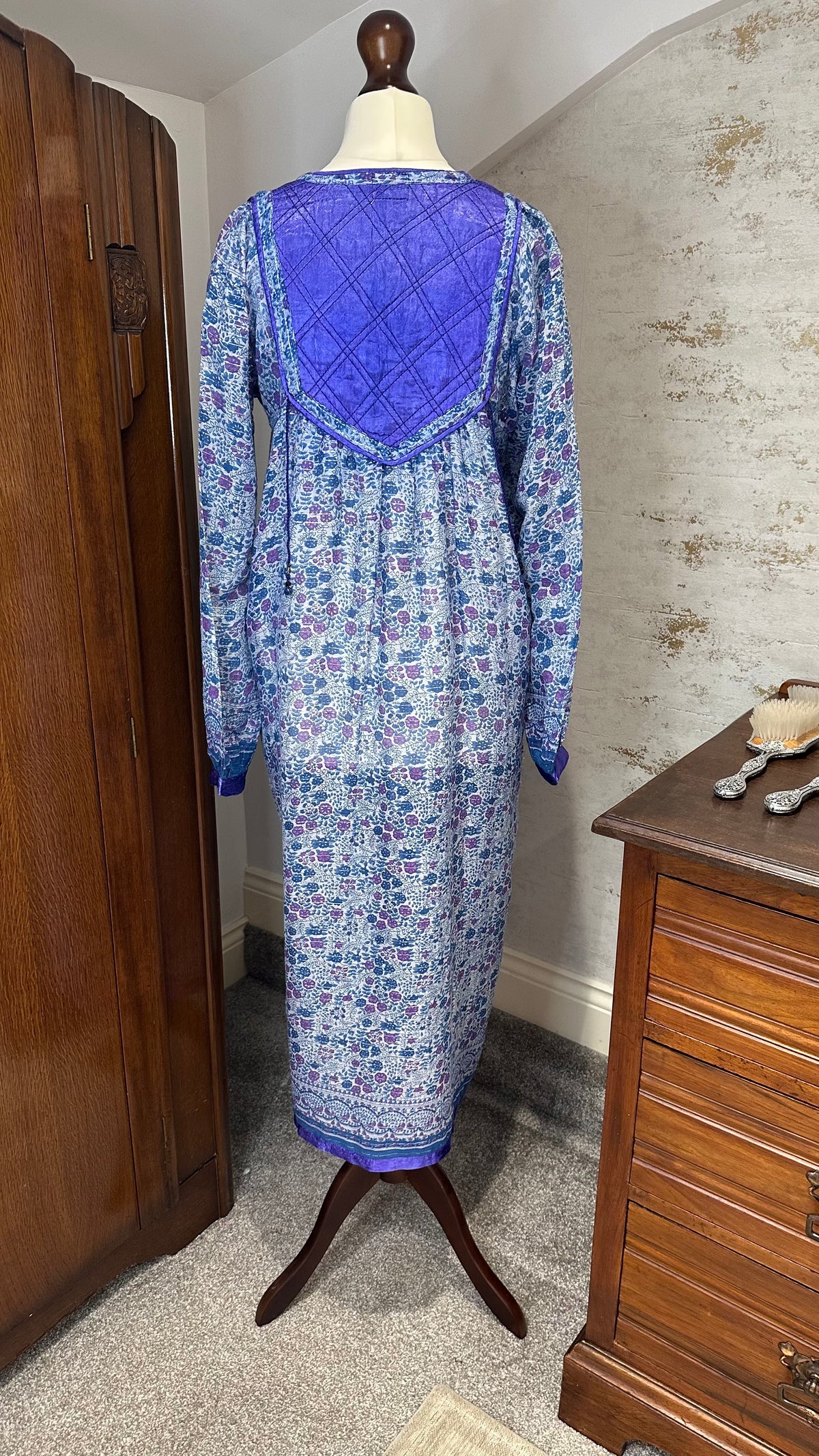 Vintage 1970s Blue Purple Indian Cotton Block Print Midi Dress with Lurex Thread
