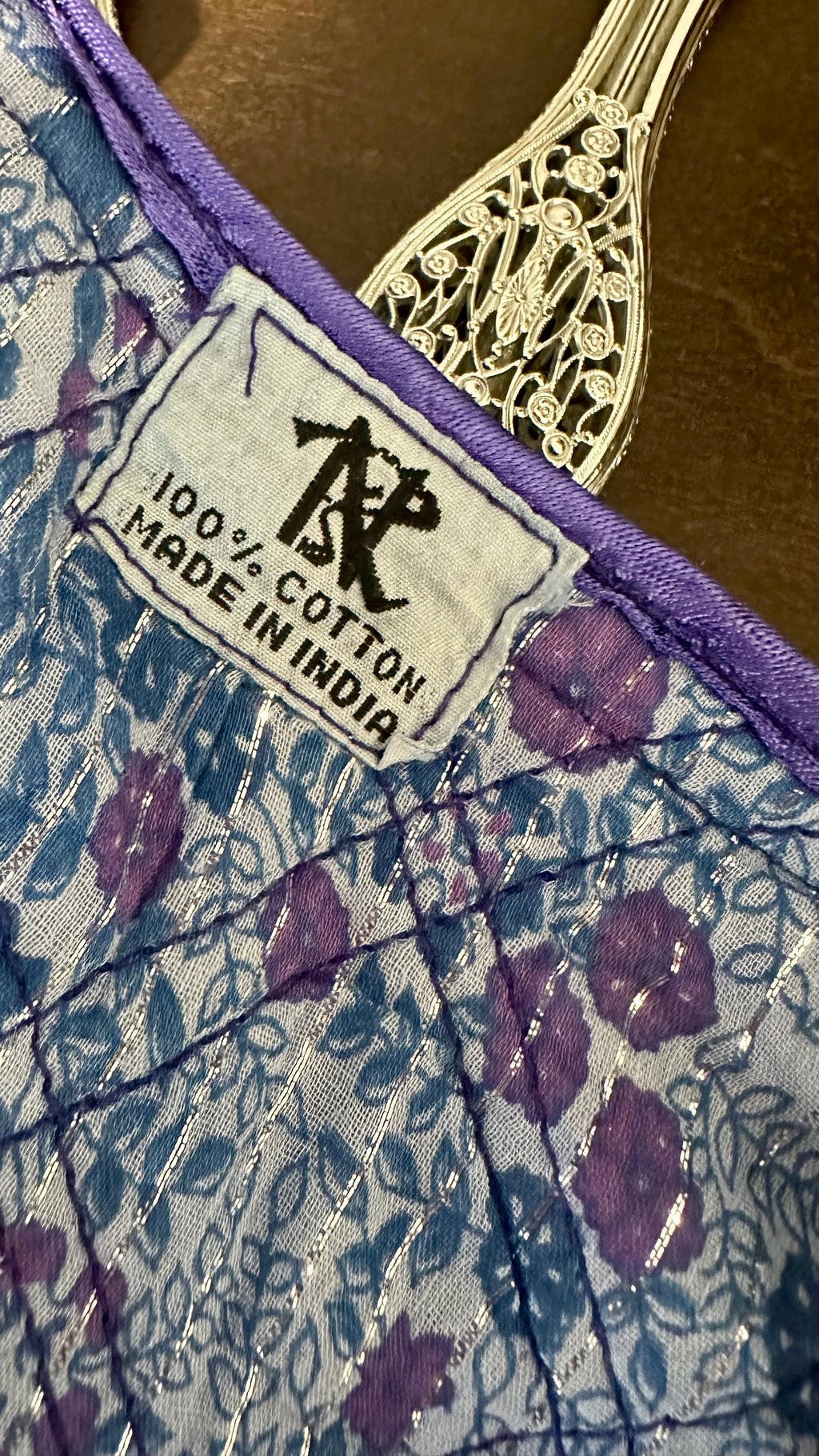 Vintage 1970s Blue Purple Indian Cotton Block Print Midi Dress with Lurex Thread