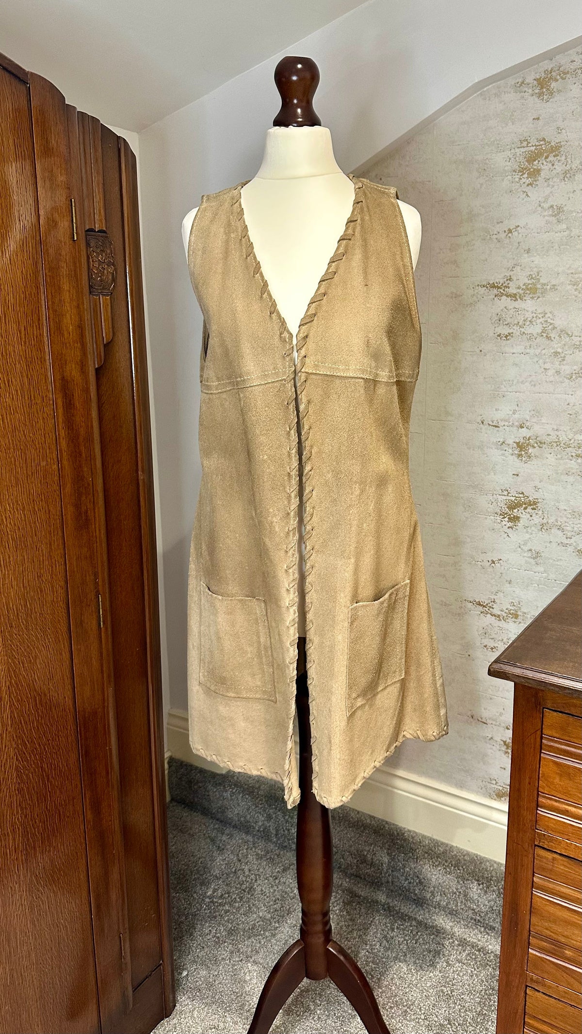 A96 tan suede waistcoat — unstyled front view
