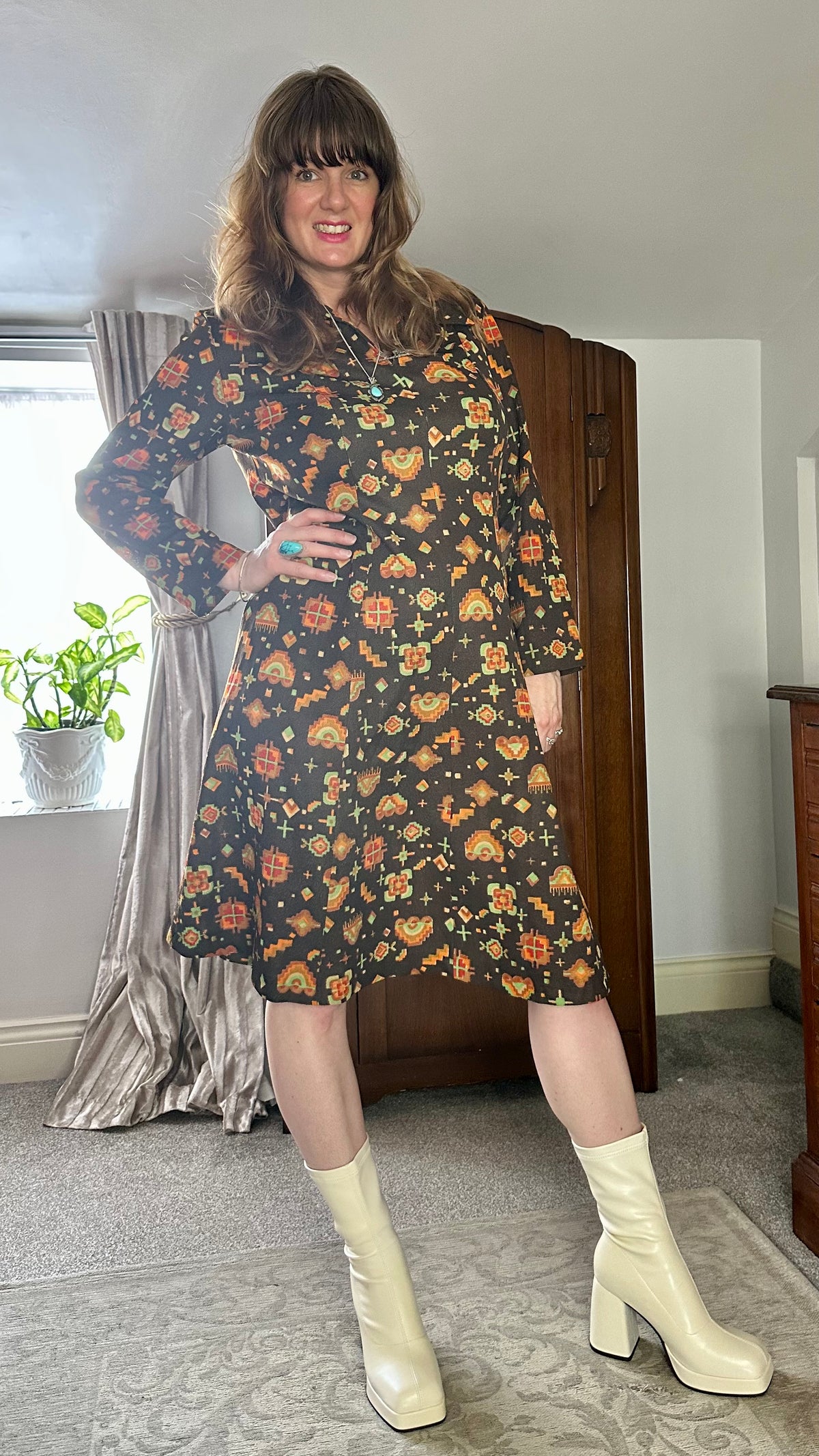 Vintage Geometric Midi Dress with Bird Brooch — product photograph
