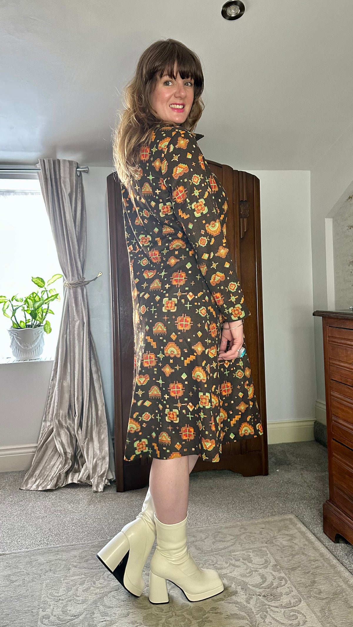 Vintage Geometric Midi Dress with Bird Brooch
