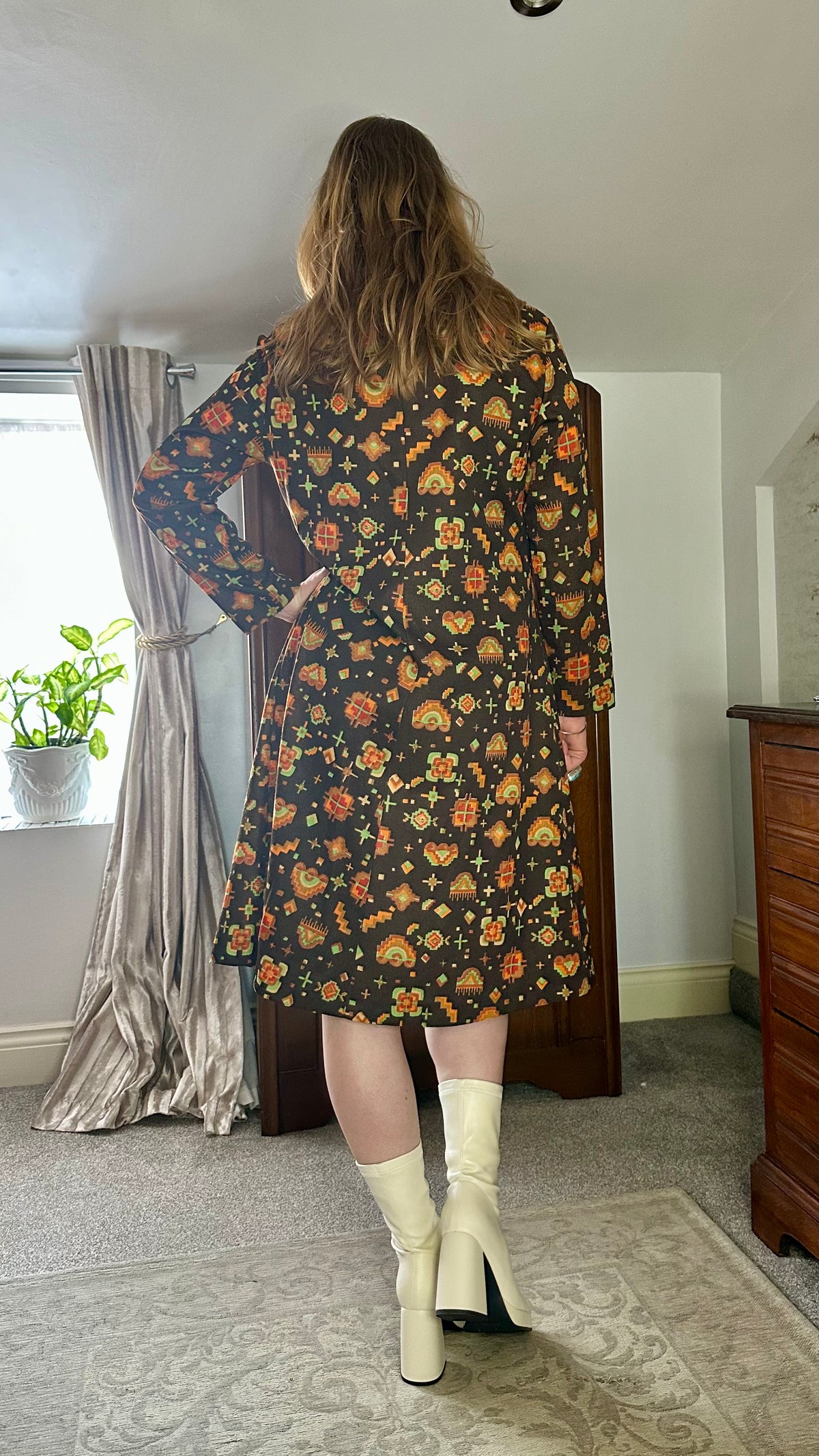 Vintage Geometric Midi Dress with Bird Brooch