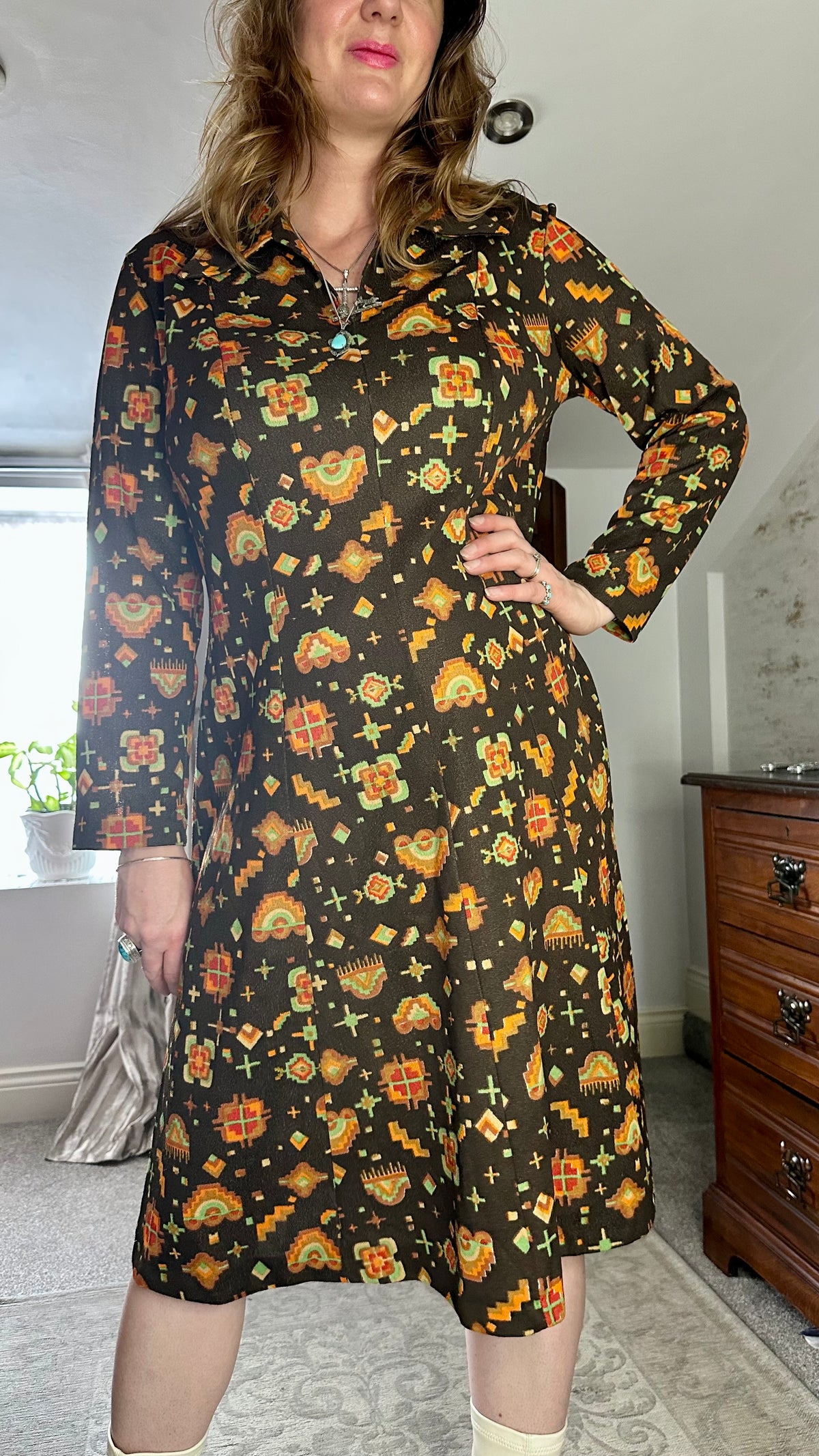 Vintage Geometric Midi Dress with Bird Brooch