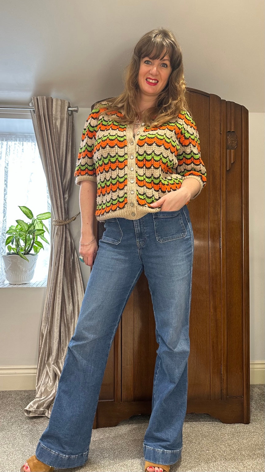 Hand-Knitted Orange and Green Ripple Cardigan — photograph 1