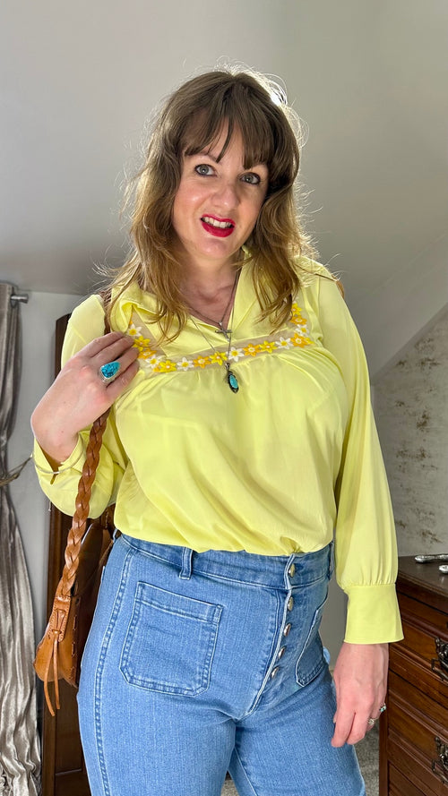 1970s Sears Lemon Yellow Embroidered Floral Top — photograph 1