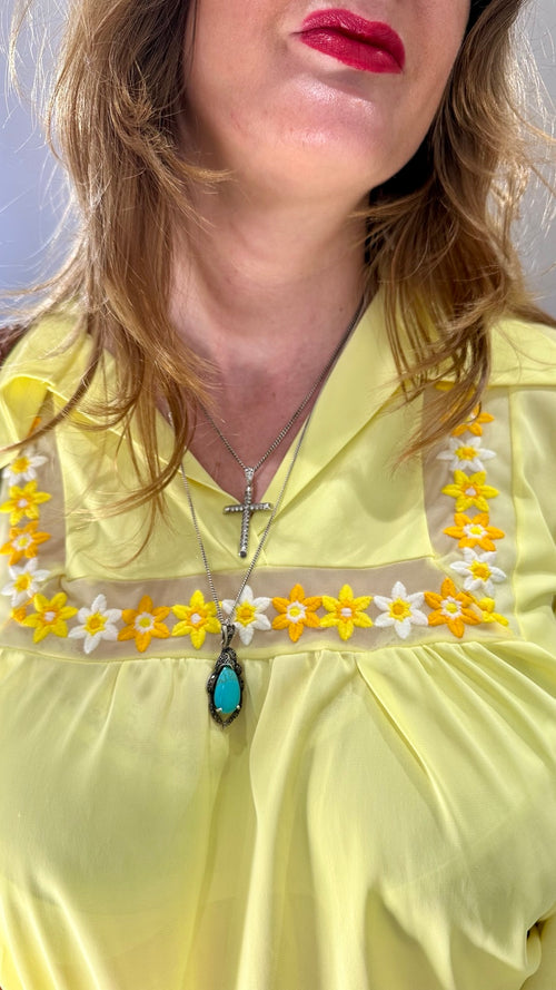 1970s Sears Lemon Yellow Embroidered Floral Top — photograph 2
