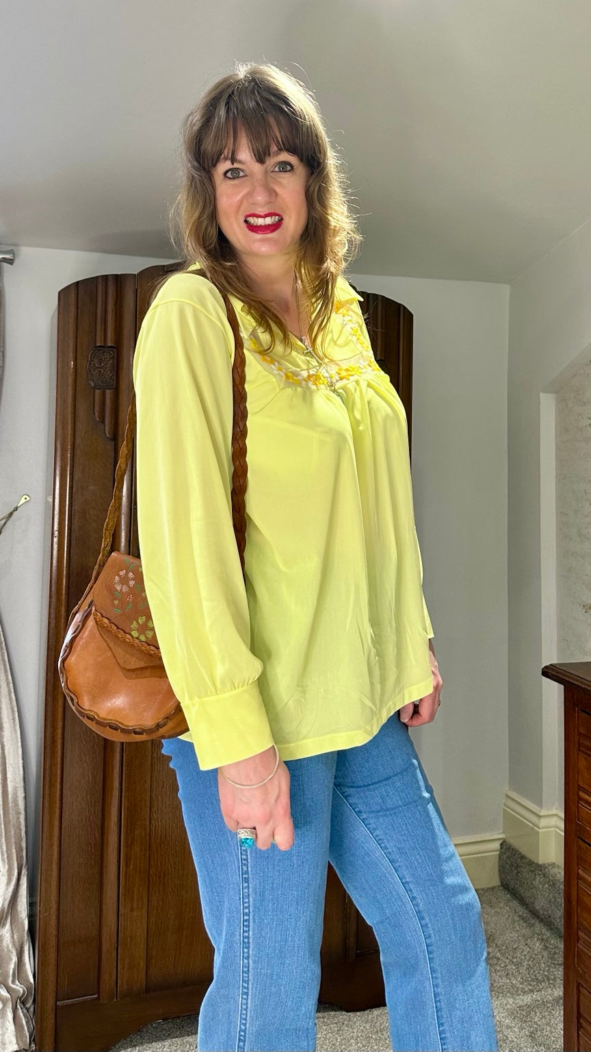 1970s Sears Lemon Yellow Embroidered Floral Top — photograph 4