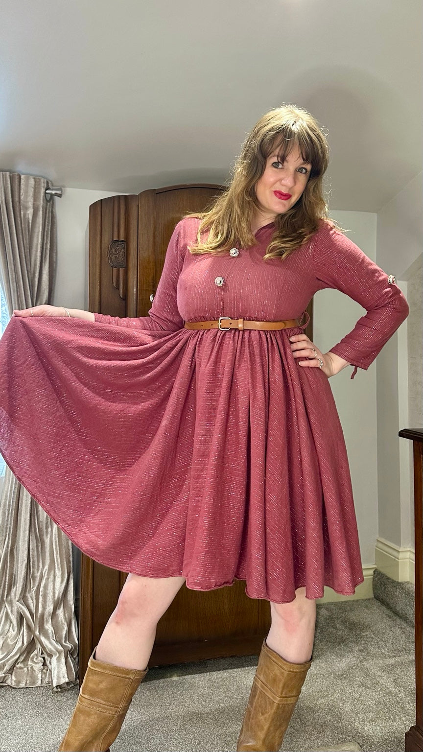Vintage Rose Lurex Dress with Ornate Buttons — photograph 1