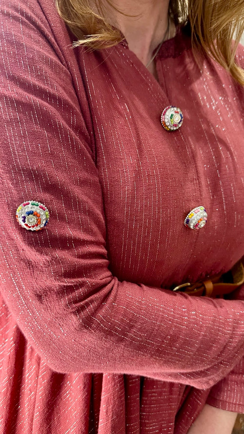 Vintage Rose Lurex Dress with Ornate Buttons — photograph 2