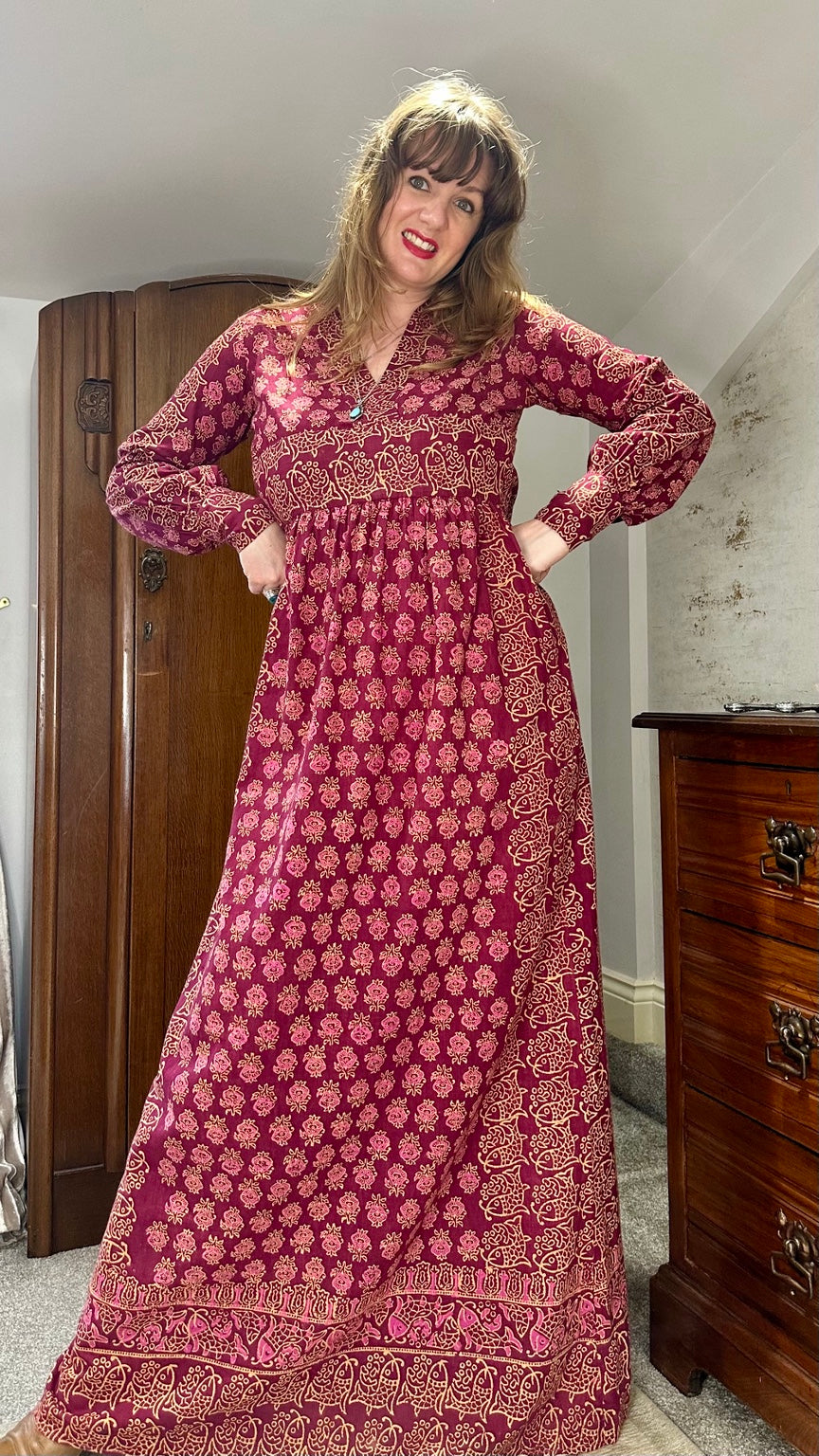 India Imports floral cotton maxi dress in plum and burgundy, view 1