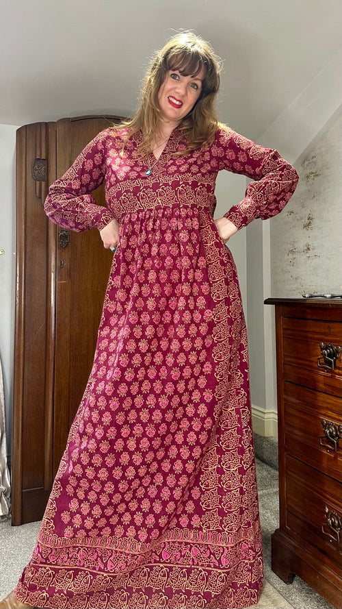 India Imports floral cotton maxi dress in plum and burgundy, view 1