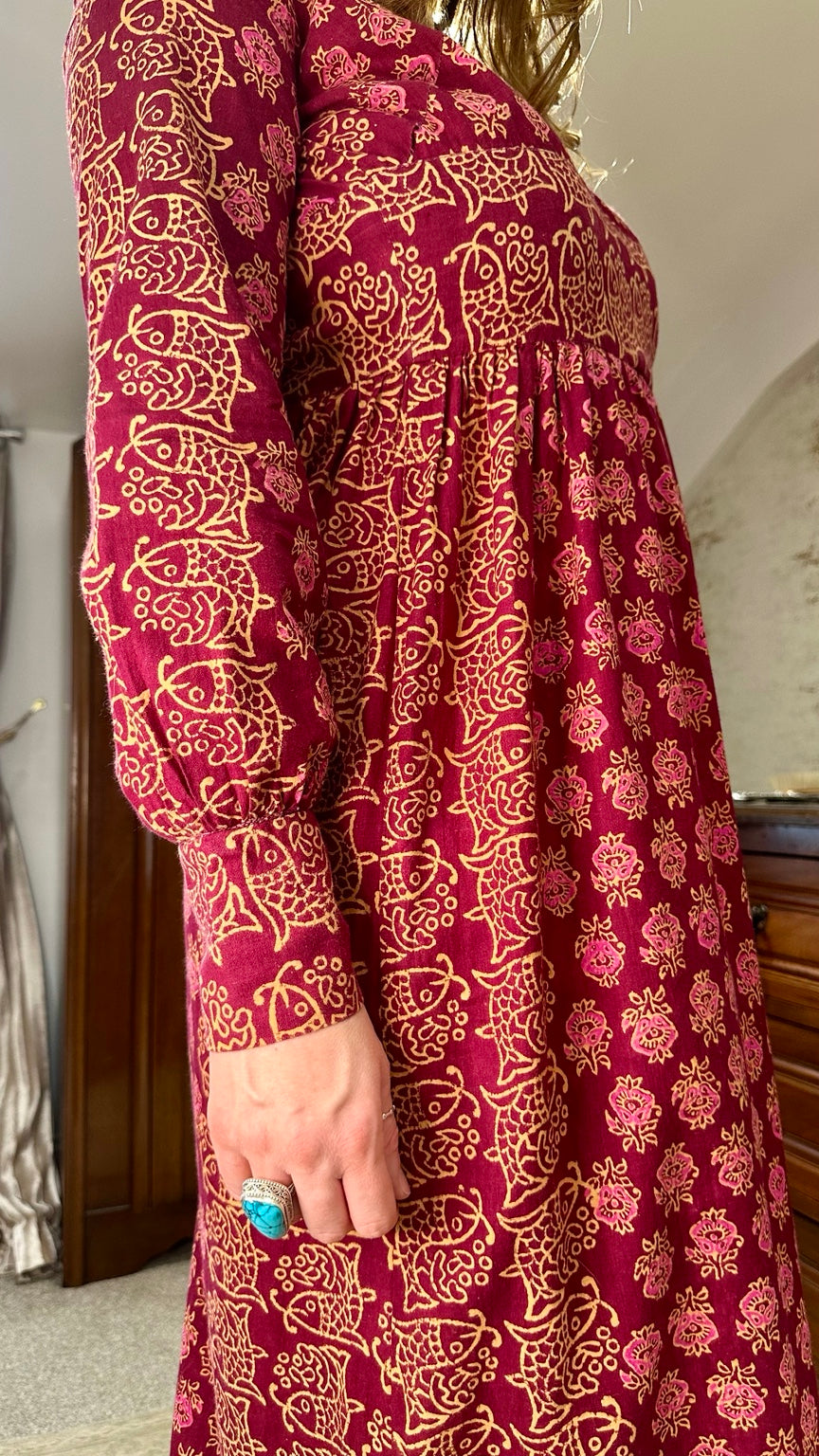 India Imports floral cotton maxi dress in plum and burgundy, view 3