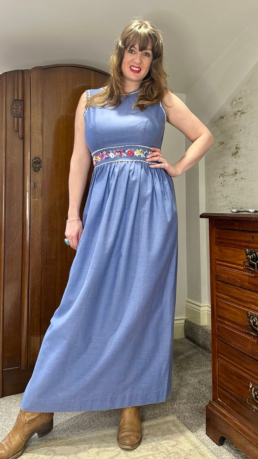 Vintage by YAKKO Blue Embroidered Floral Maxi Dress — photograph 1