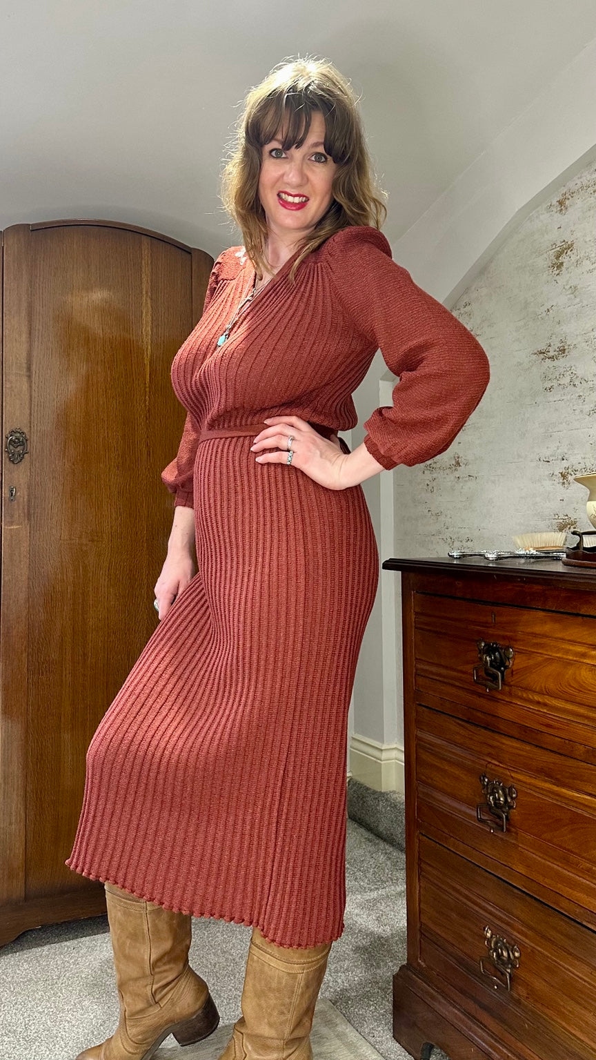 1970s–1980s Burgundy Embroidered Knit Midi Dress with Belt — photograph 1