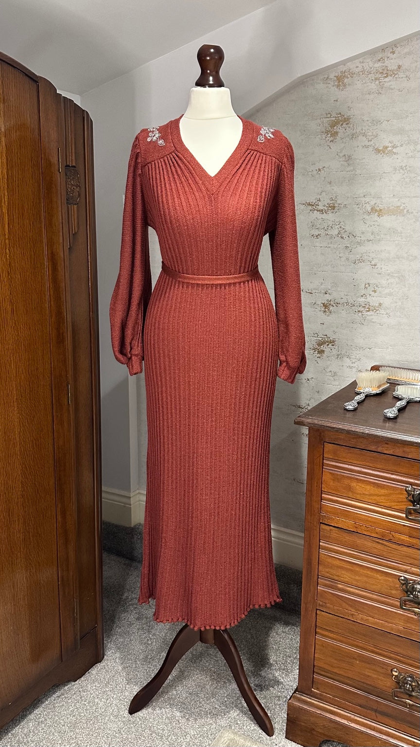 1970s–1980s Burgundy Embroidered Knit Midi Dress with Belt — photograph 4