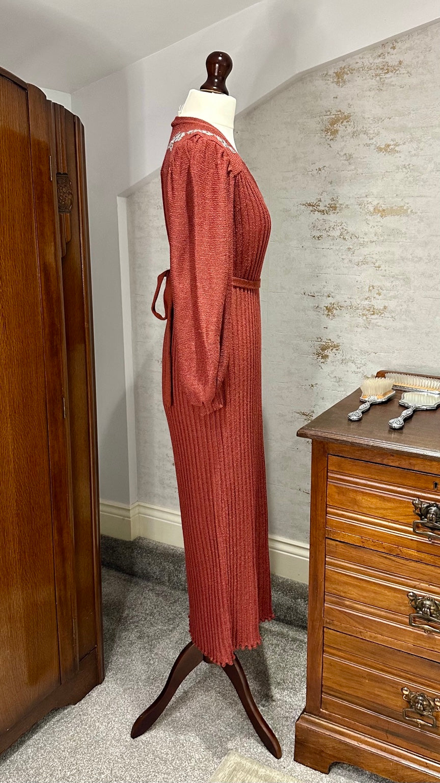 1970s–1980s Burgundy Embroidered Knit Midi Dress with Belt — photograph 5