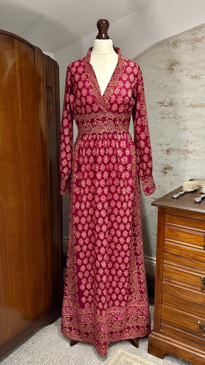 India Imports floral cotton maxi dress in plum and burgundy, view 5