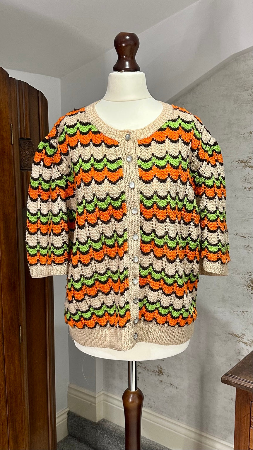 Hand-Knitted Orange and Green Ripple Cardigan — photograph 3