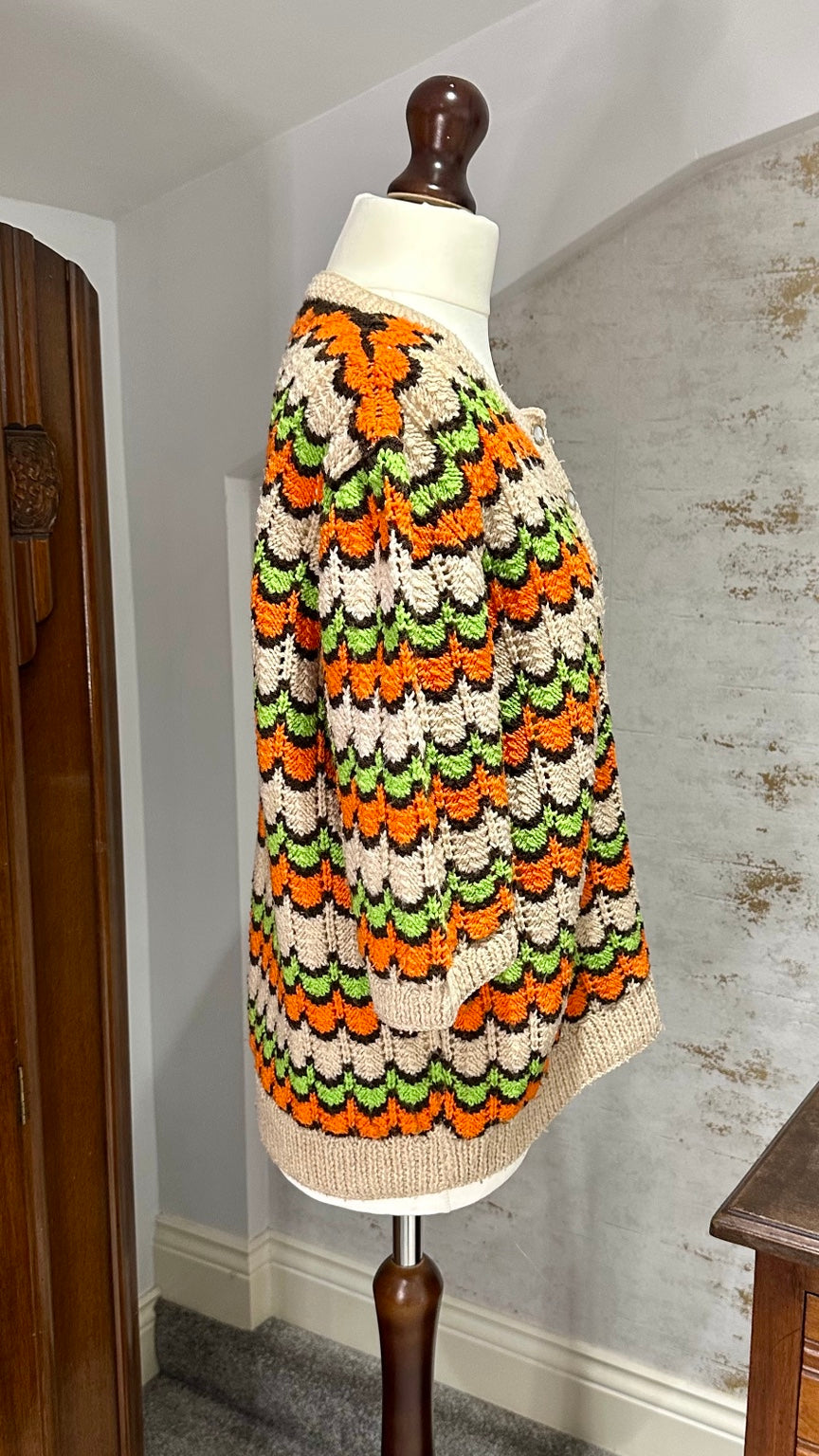 Hand-Knitted Orange and Green Ripple Cardigan — photograph 4
