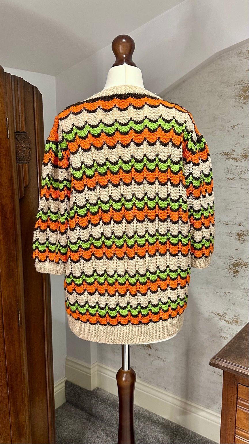 Hand-Knitted Orange and Green Ripple Cardigan — photograph 5