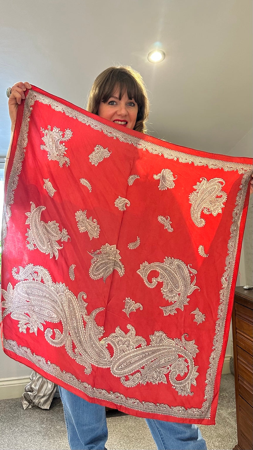 Vintage Coral Red Paisley Square Scarf | 31 Inch