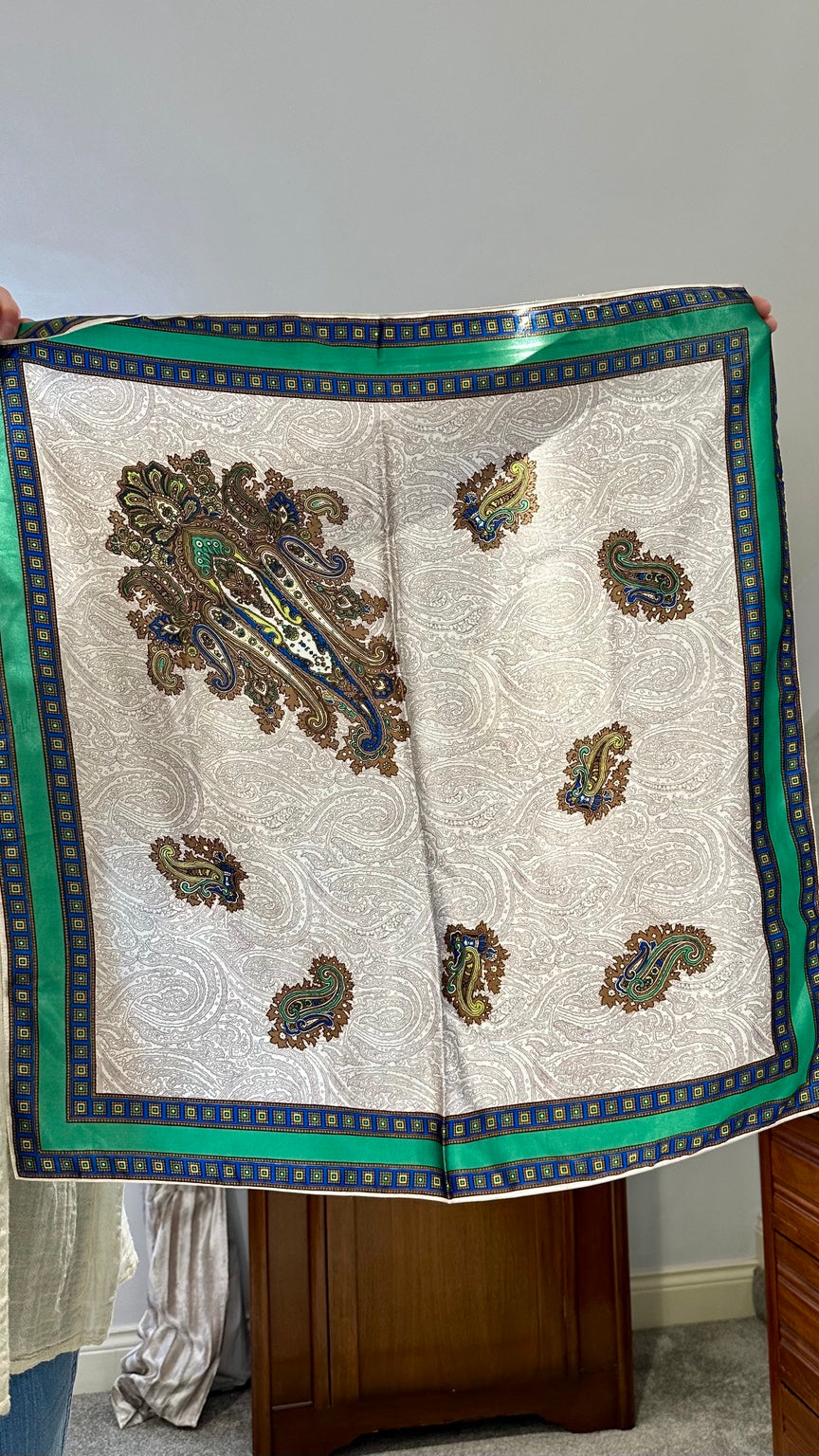Vintage St Michael Italian Satin Foulard Scarf | Green Paisley