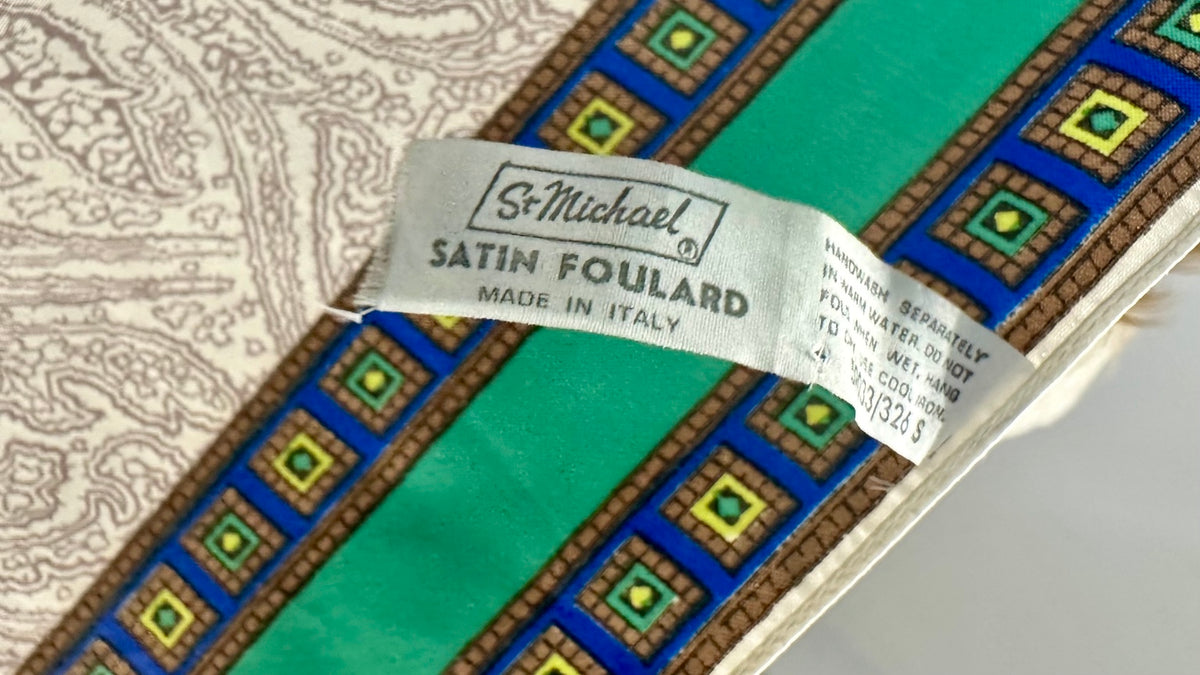 Vintage St Michael Italian Satin Foulard Scarf | Green Paisley