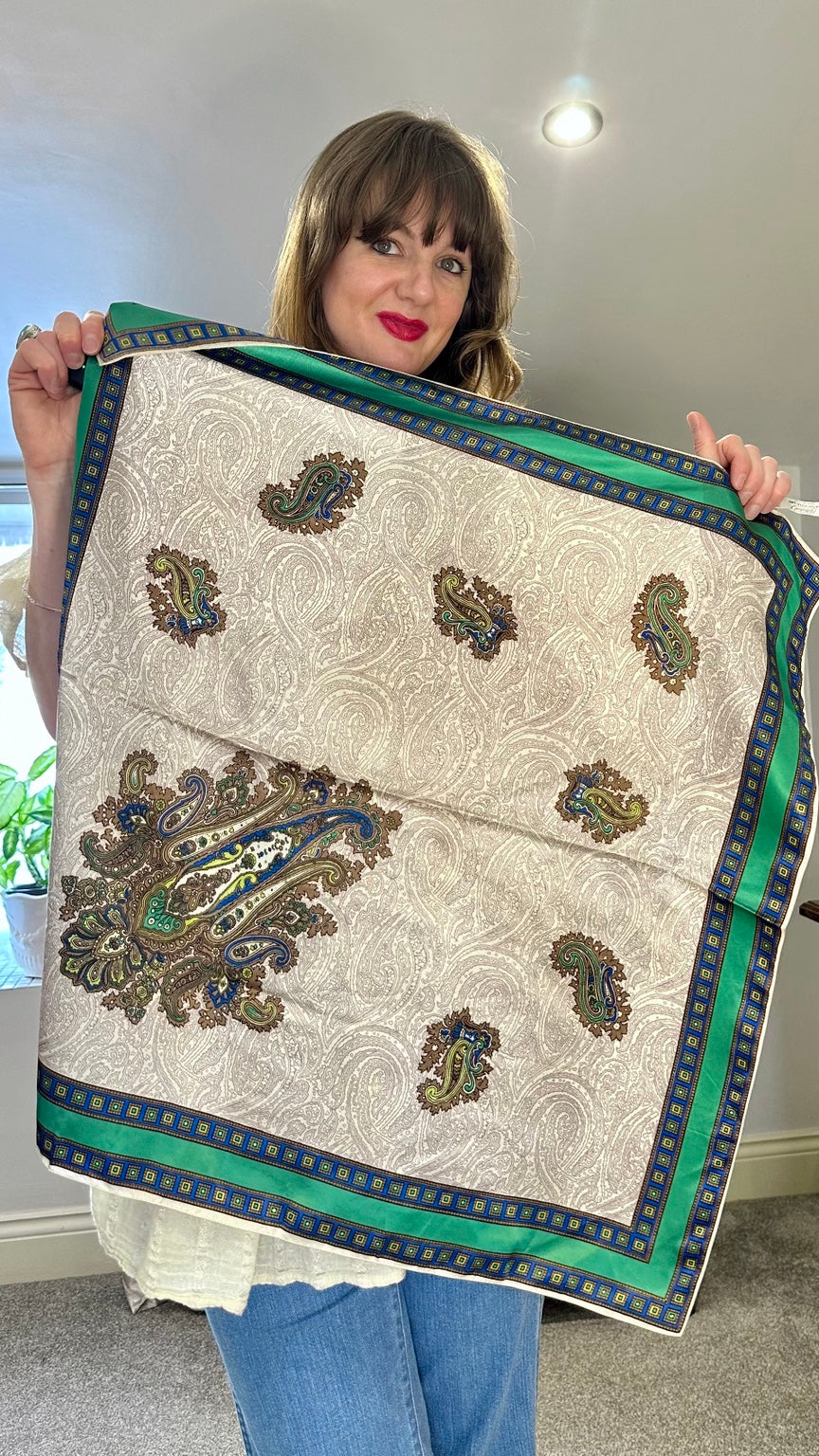 Vintage St Michael Italian Satin Foulard Scarf | Green Paisley