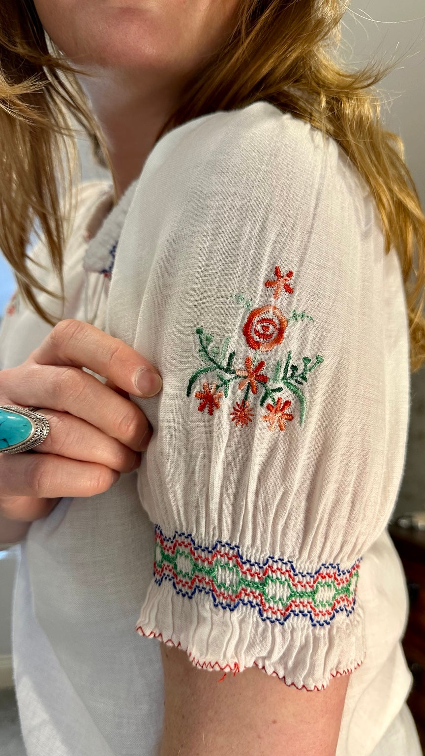 Vintage 1970s Greek Floral Embroidered White Peasant Blouse