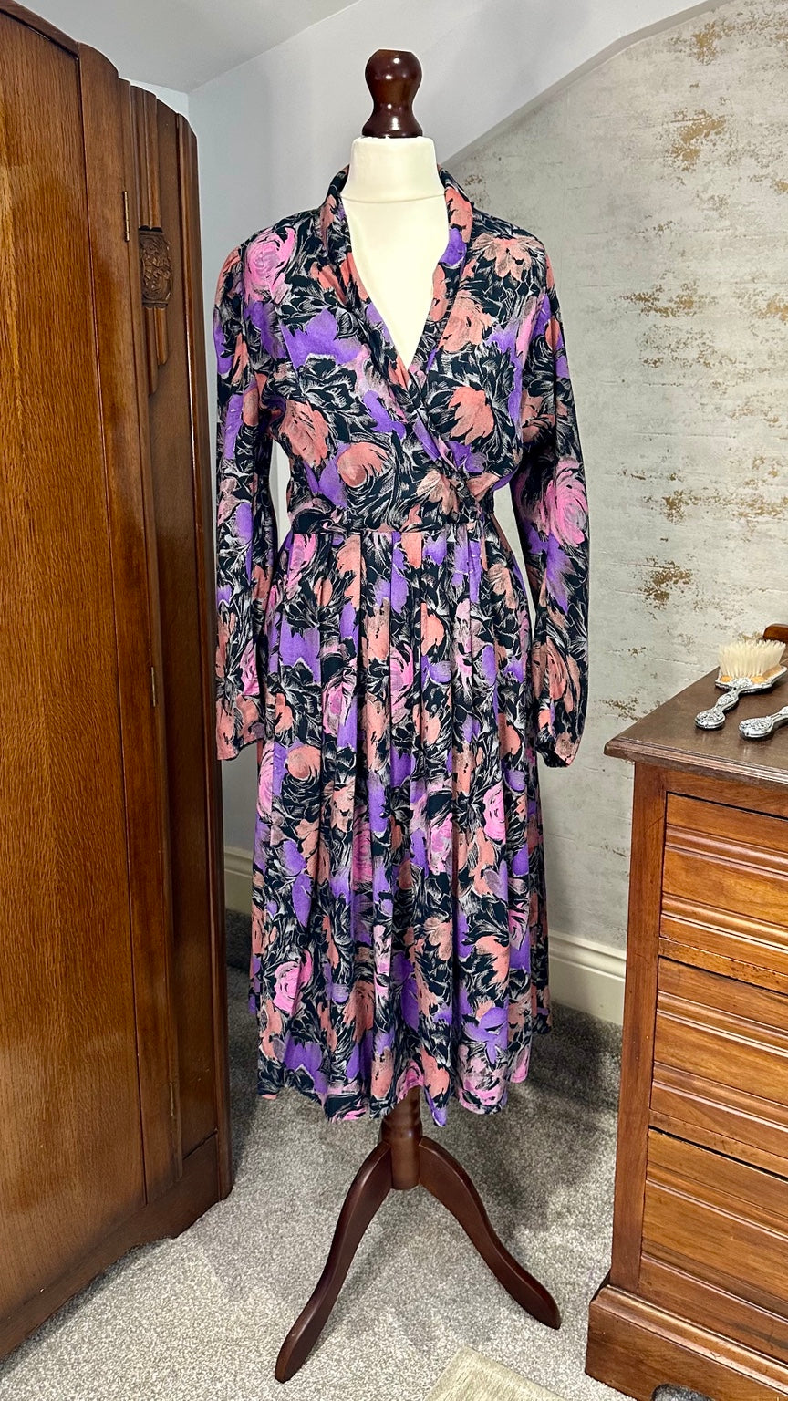 Vintage Vivien Smith Pink Purple Floral Midi Dress | 1980s