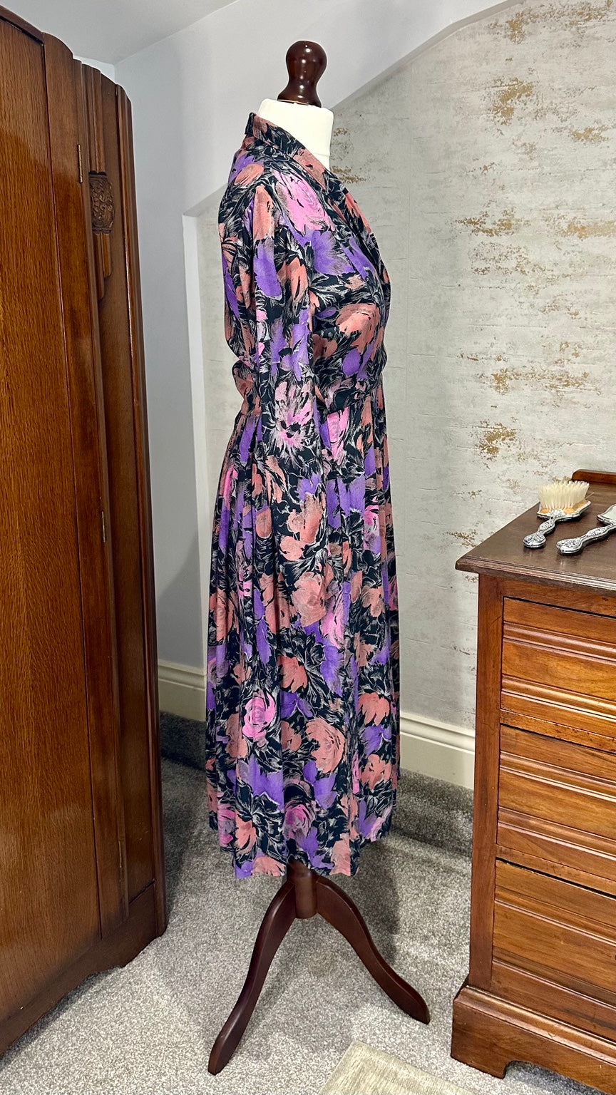 Vintage Vivien Smith Pink Purple Floral Midi Dress | 1980s