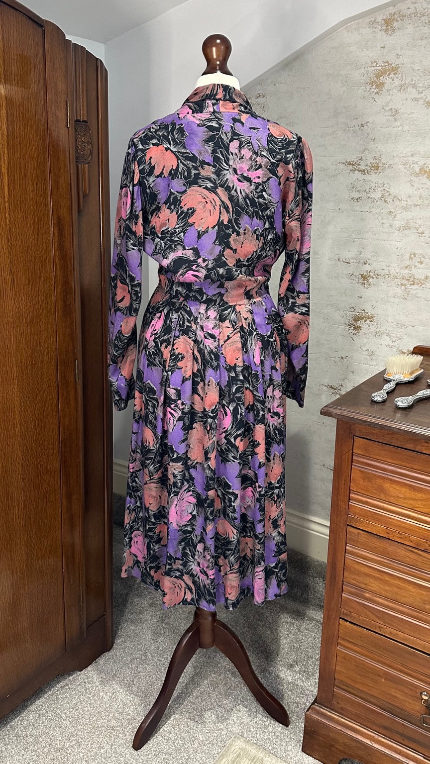 Vintage Vivien Smith Pink Purple Floral Midi Dress | 1980s