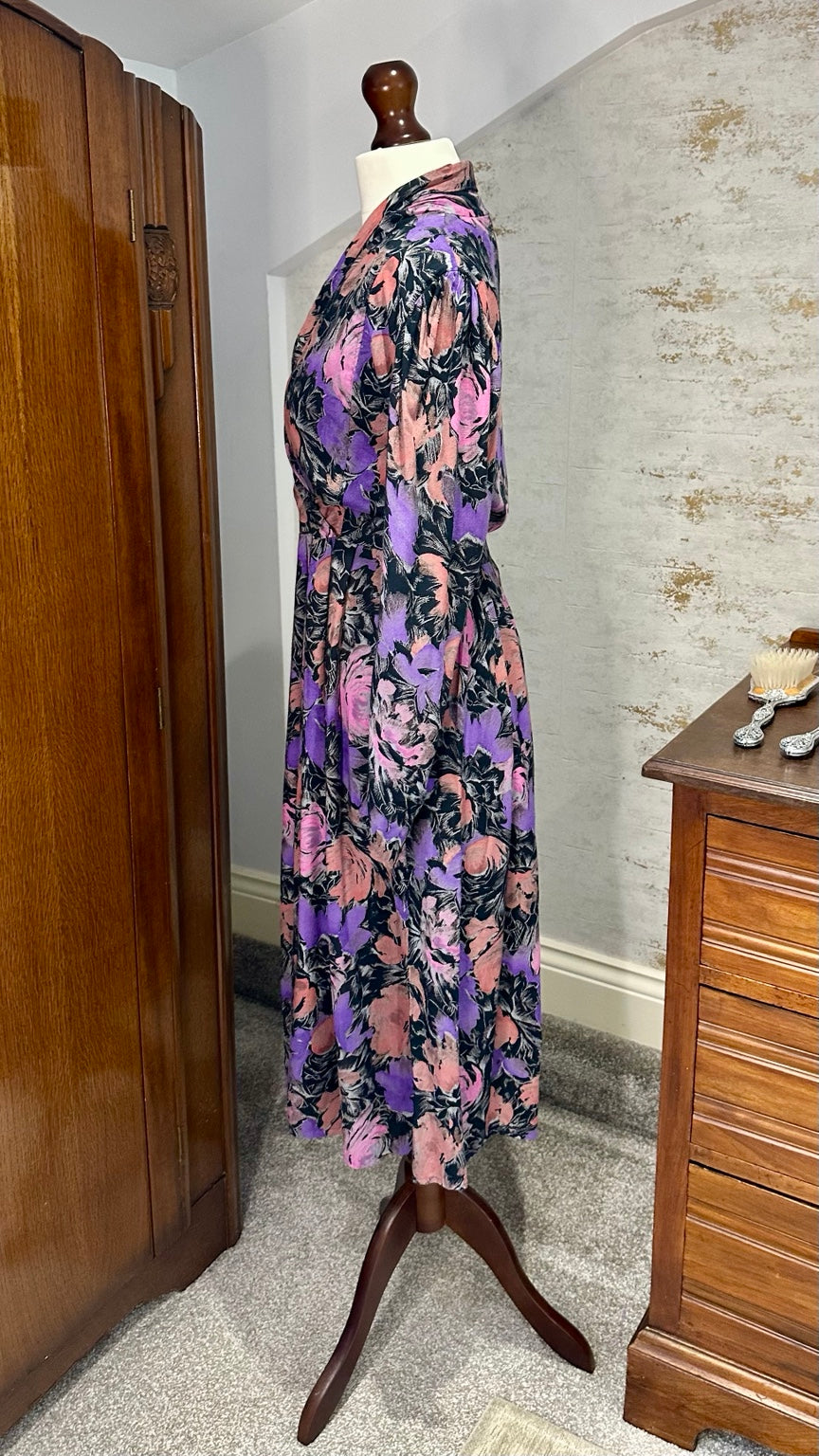 Vintage Vivien Smith Pink Purple Floral Midi Dress | 1980s