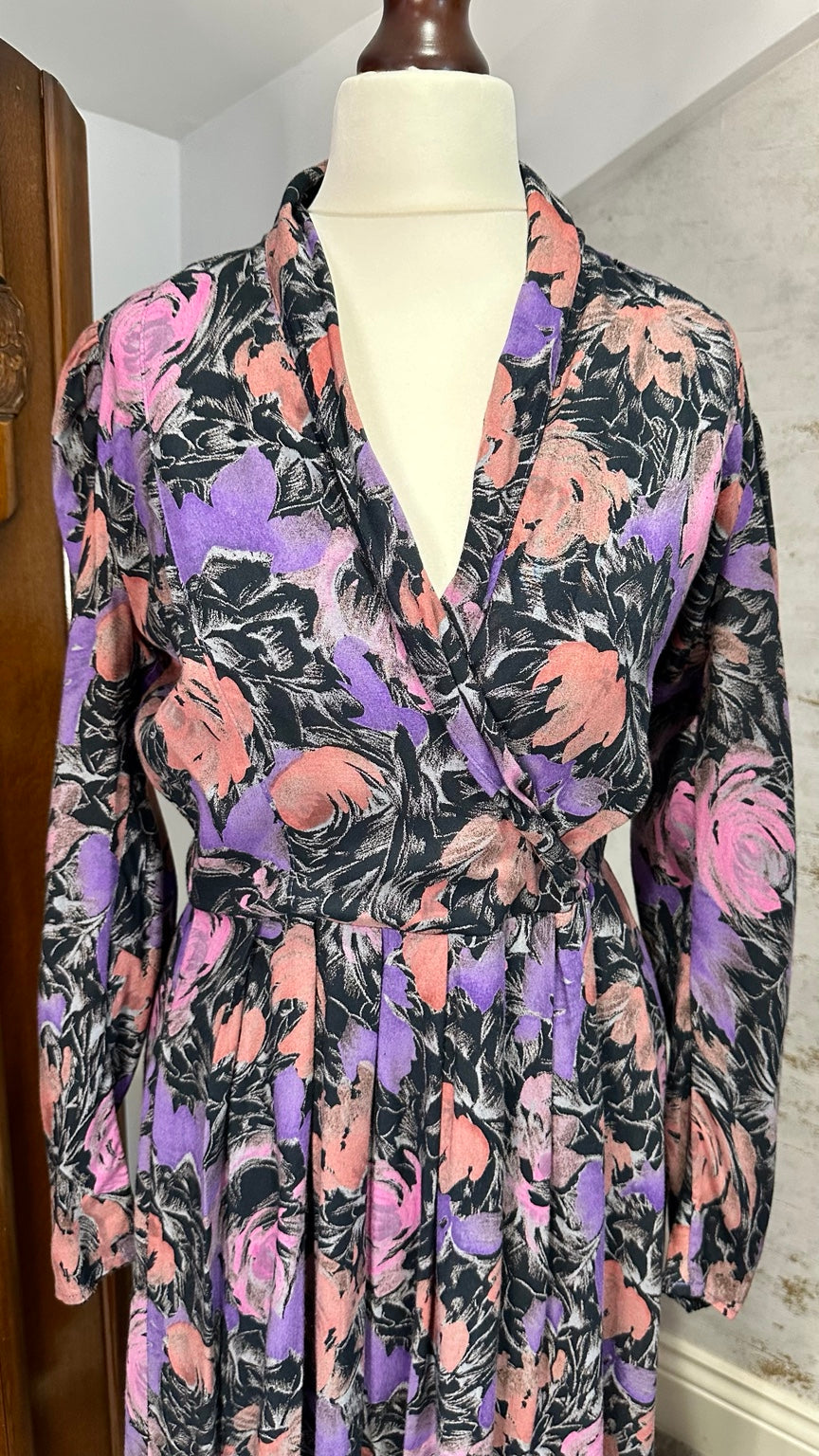 Vintage Vivien Smith Pink Purple Floral Midi Dress | 1980s