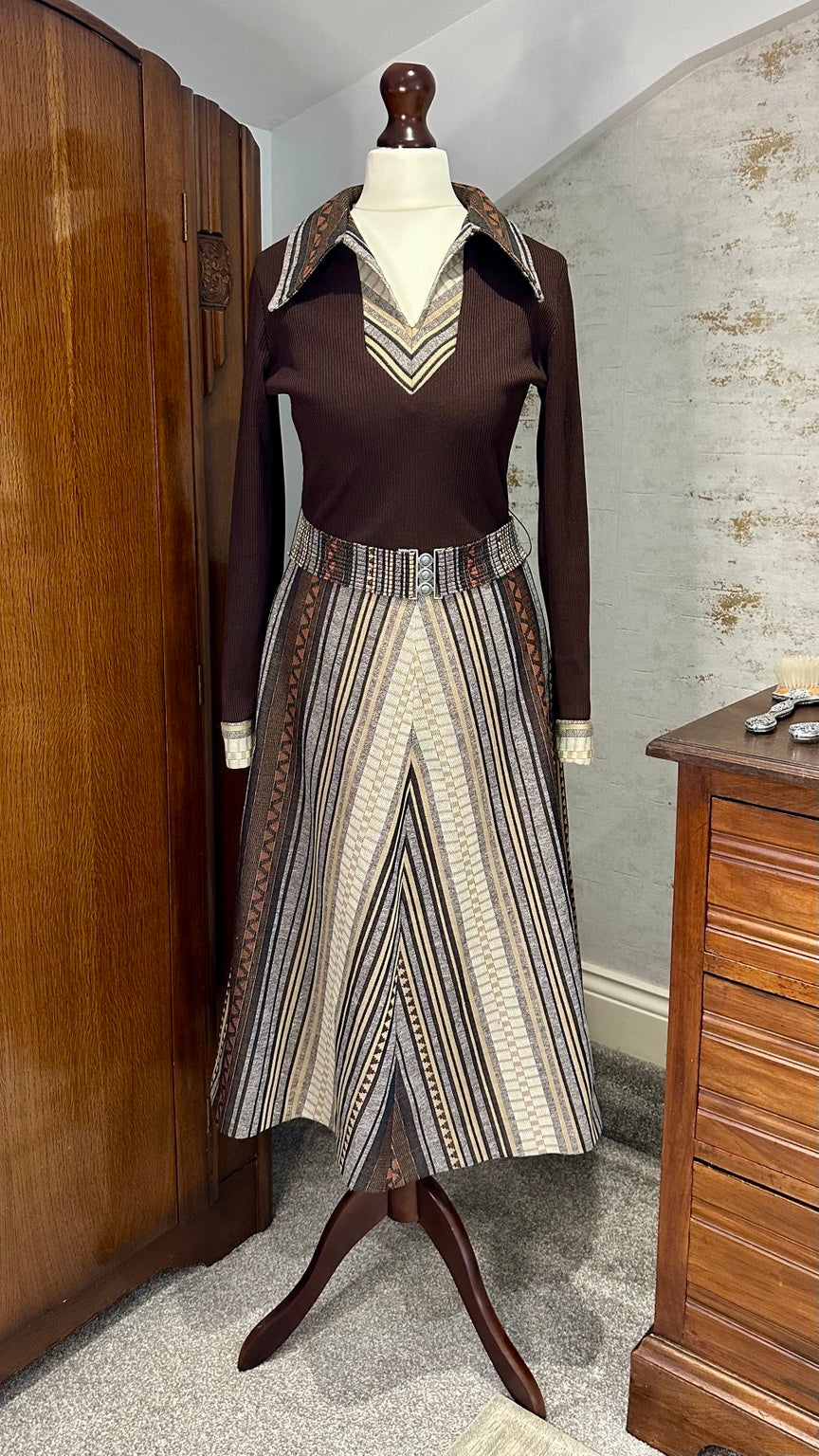 Vintage 1970s Brown Geometric Flared Midi Dress | Original Belt — 5944