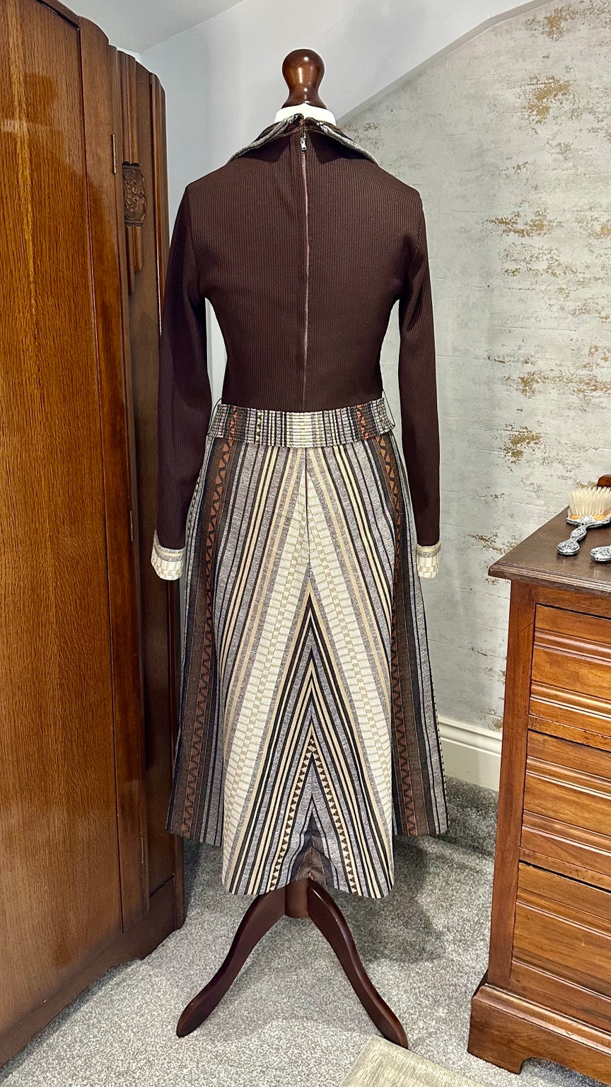 Vintage 1970s Brown Geometric Flared Midi Dress | Original Belt — 5946