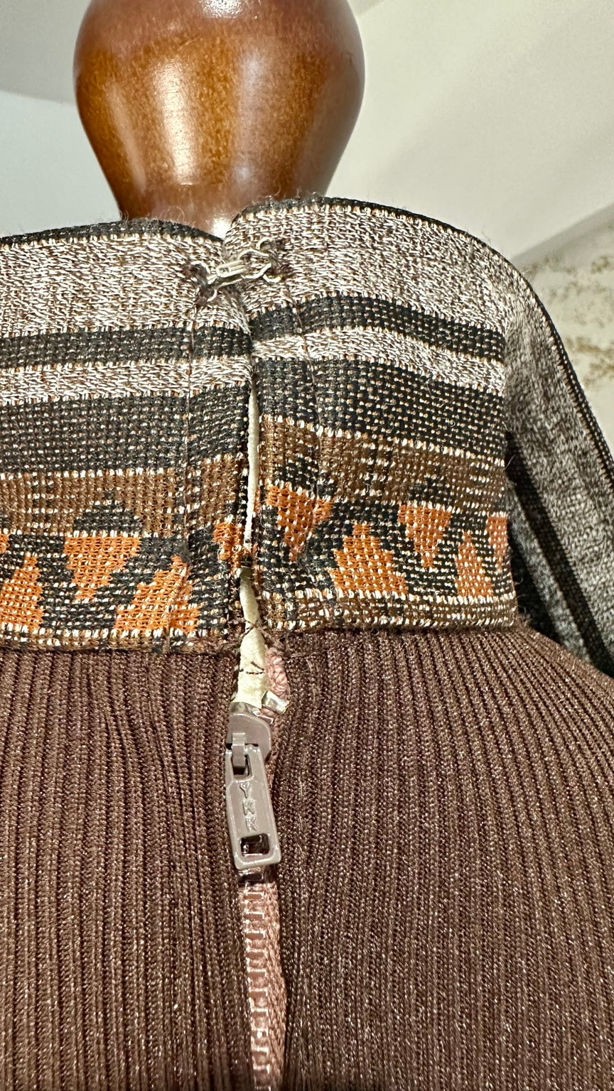 Vintage 1970s Brown Geometric Flared Midi Dress | Original Belt — 5948