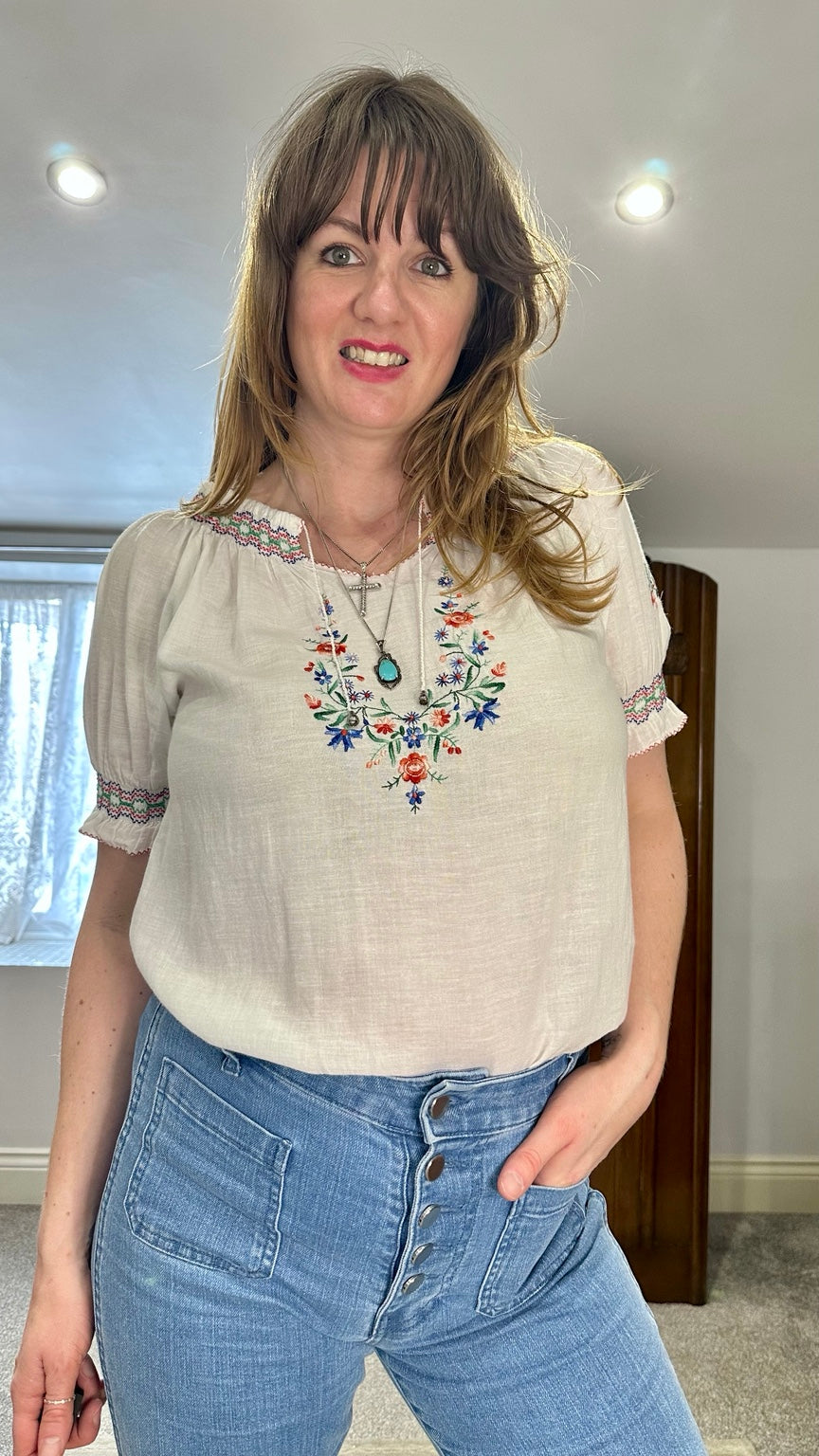 Vintage 1970s Greek Floral Embroidered White Peasant Blouse