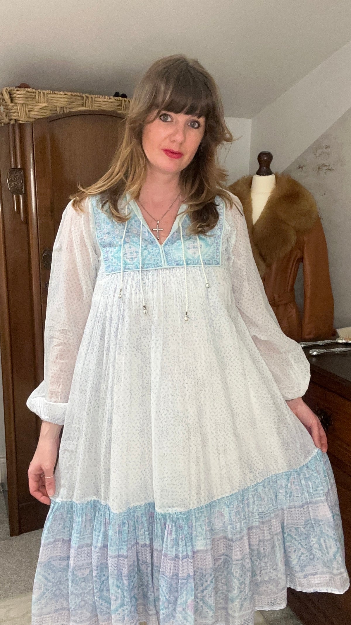 1970s PHOOL Pastel Indian Block Print Cotton Gauze Midi Dress